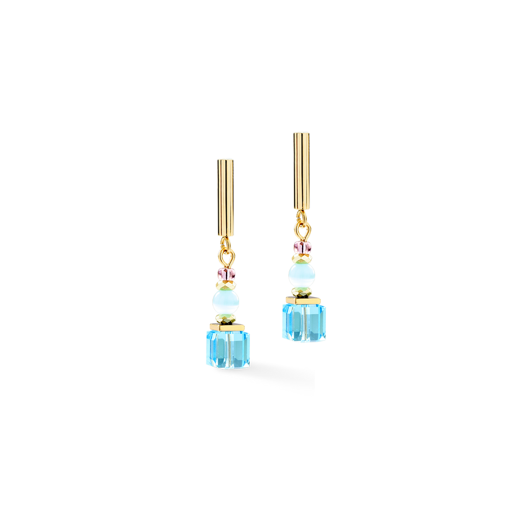 Gold plated stainless steel blue cube drop earrings with crystal - Carathea & Jools