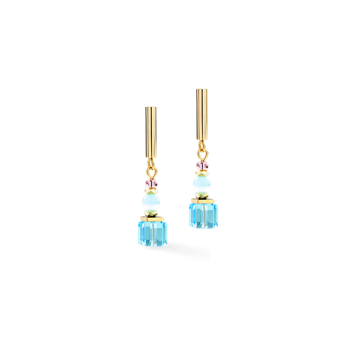Gold plated stainless steel blue cube drop earrings with crystal - Carathea & Jools