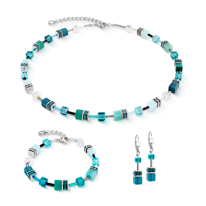 Coeur de Lion Teal cubes necklace, pendant and earring set with Swarovski crystal - Carathea & Jools