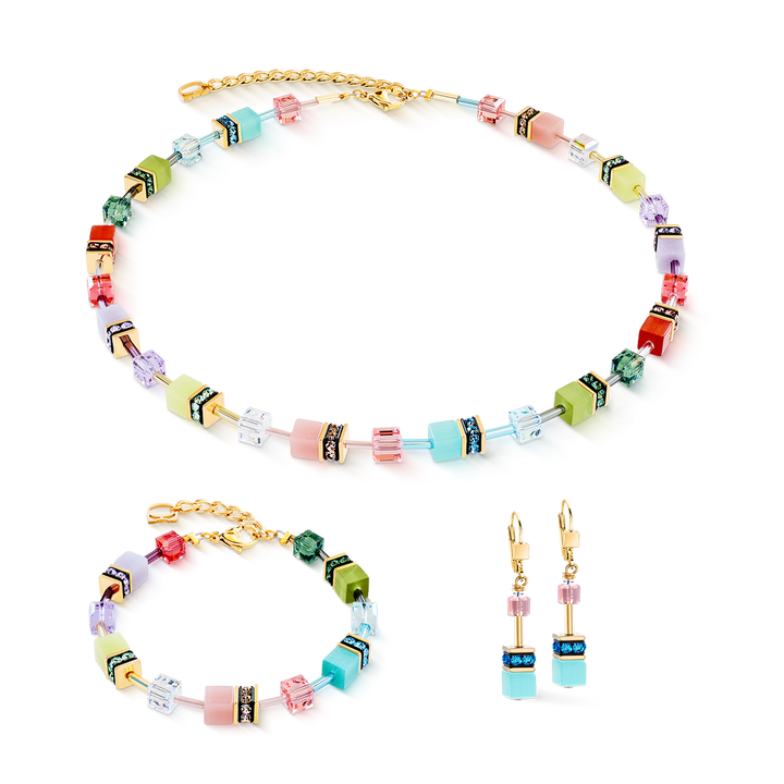 Coeur de Lion Iconic Necklace, bracelet & earrings with multicolour cubes and Swarovski crystals - Carathea & Jools