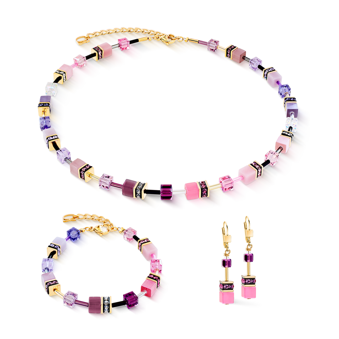 Coeur de Lion cubed necklace, bracelet and earrings in pink and lilac with crystals - Carathea & Jools