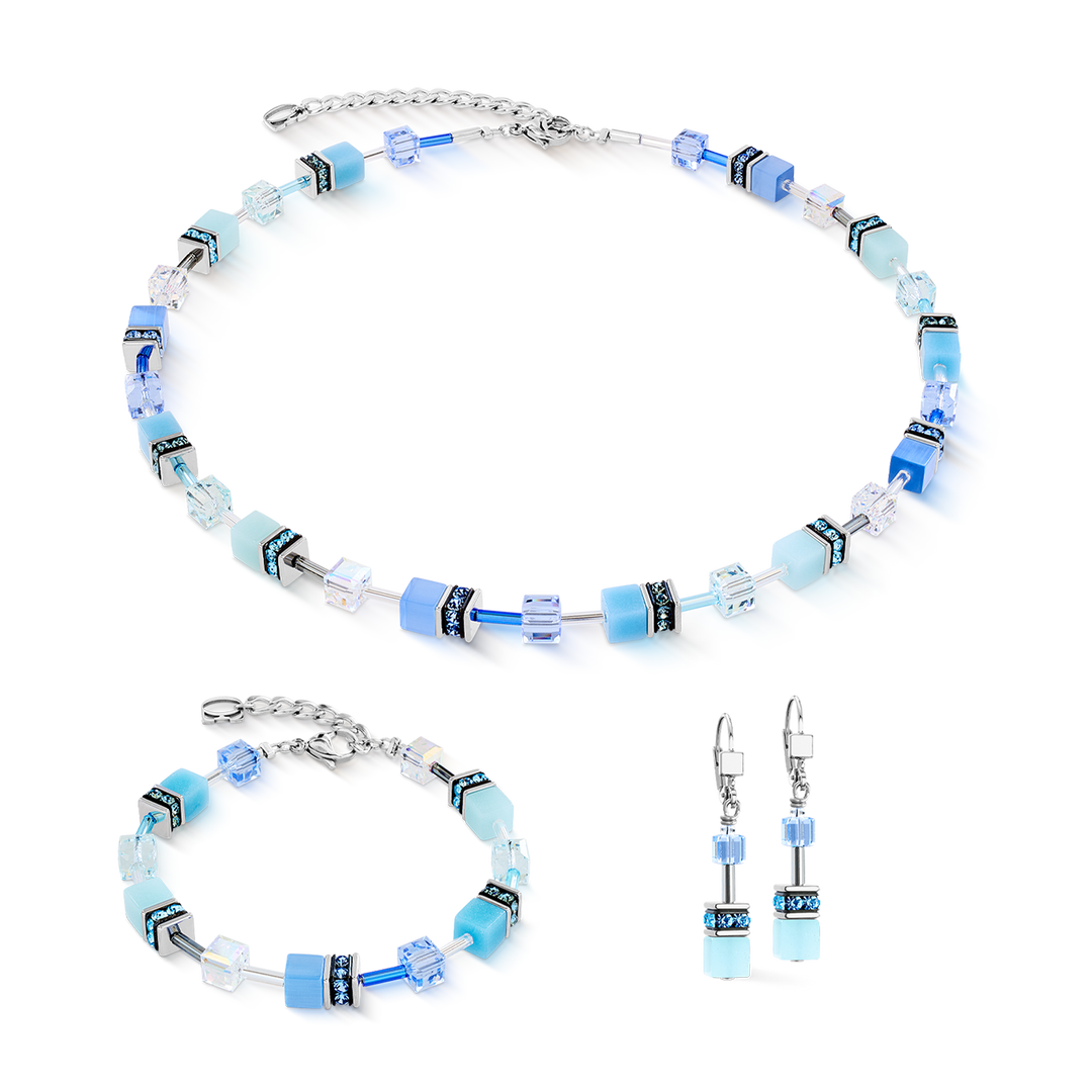 Coeur de Lion cubed necklace, bracelet and earrings set in Aqua blue with Swarovski crystals - Carathea and Jools