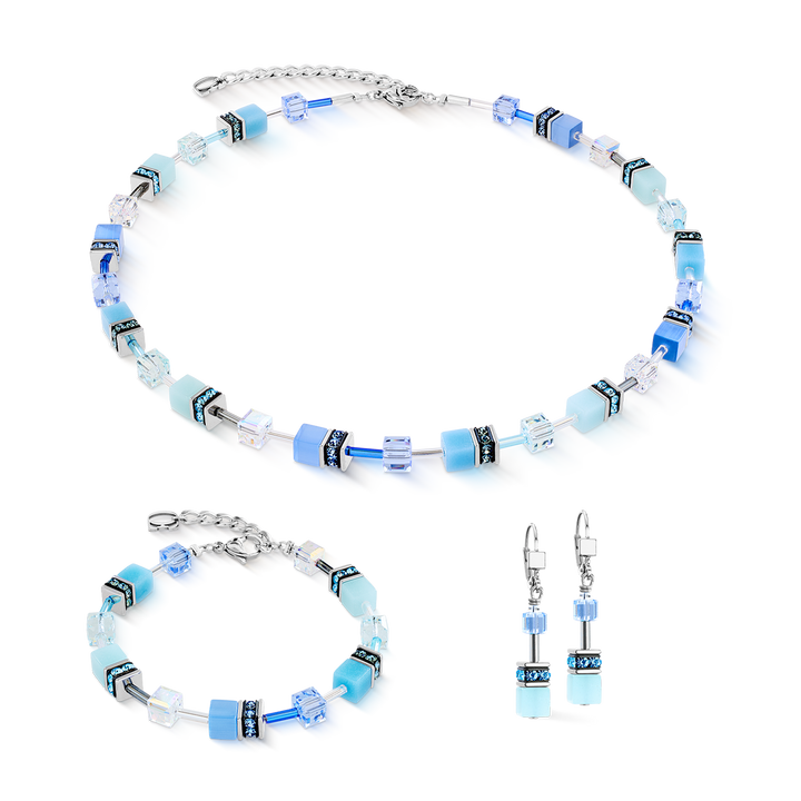Coeur de Lion cubed necklace, bracelet and earrings set in Aqua blue with Swarovski crystals - Carathea and Jools