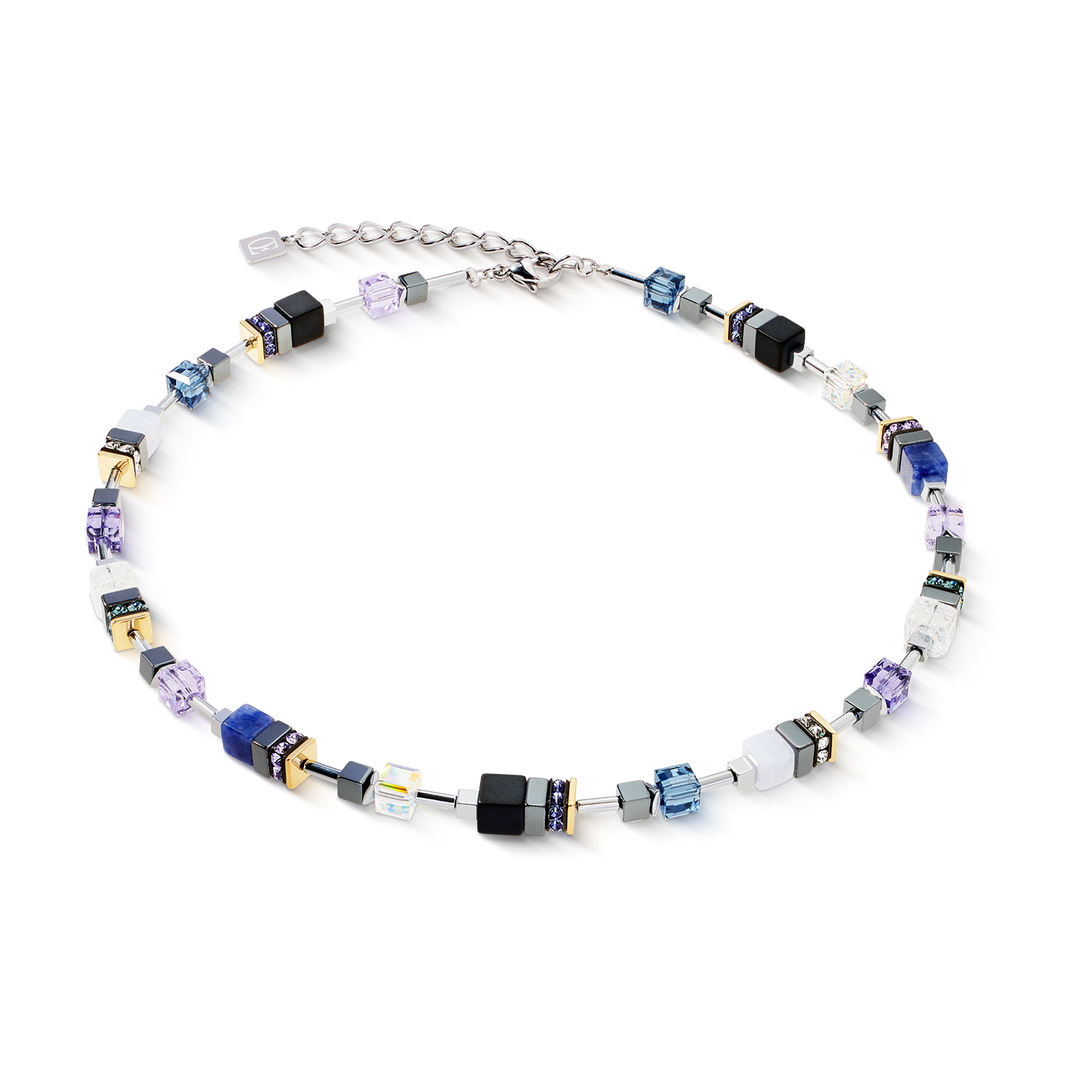 GeoCube® necklace in blue, hematit, black and white, with Swarovski® crystals - Carathea & Jools.
