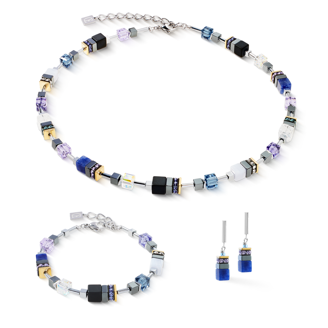 GeoCube® necklace, bracelet and earring set in blue, hematit, black and white, with Swarovski® crystals - Carathea & Jools.