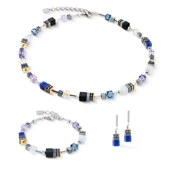 GeoCube® necklace, bracelet and earring set in blue, hematit, black and white, with Swarovski® crystals - Carathea & Jools.