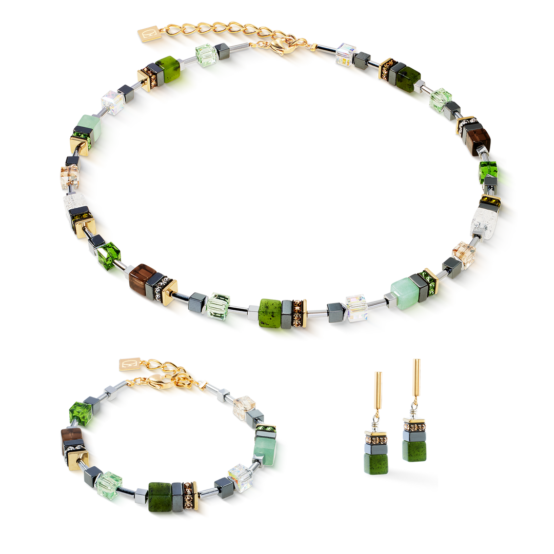 GeoCube® bracelet, necklace & earrings in green hues with Swarovski® crystal - Carathea & Jools