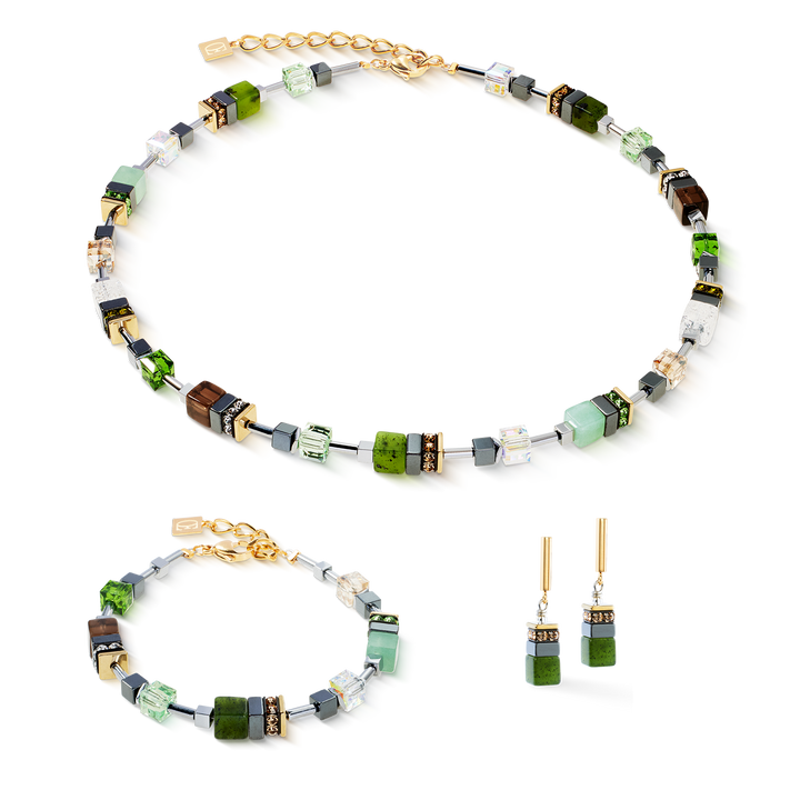 GeoCube® bracelet, necklace & earrings in green hues with Swarovski® crystal - Carathea & Jools