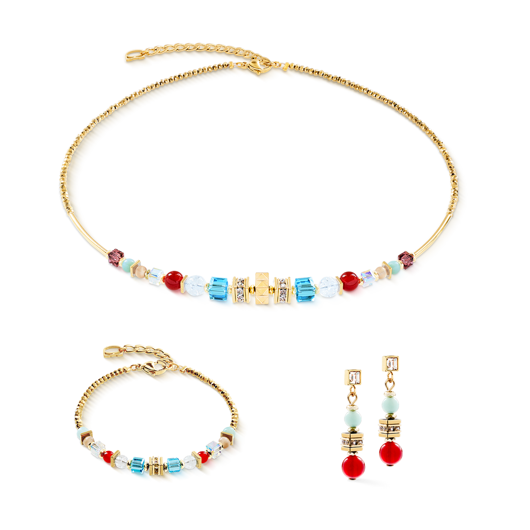 Coeur de Lion gold and multicoloured necklace,bracelet and earrings set features round and cube beads - Carathea & Jools