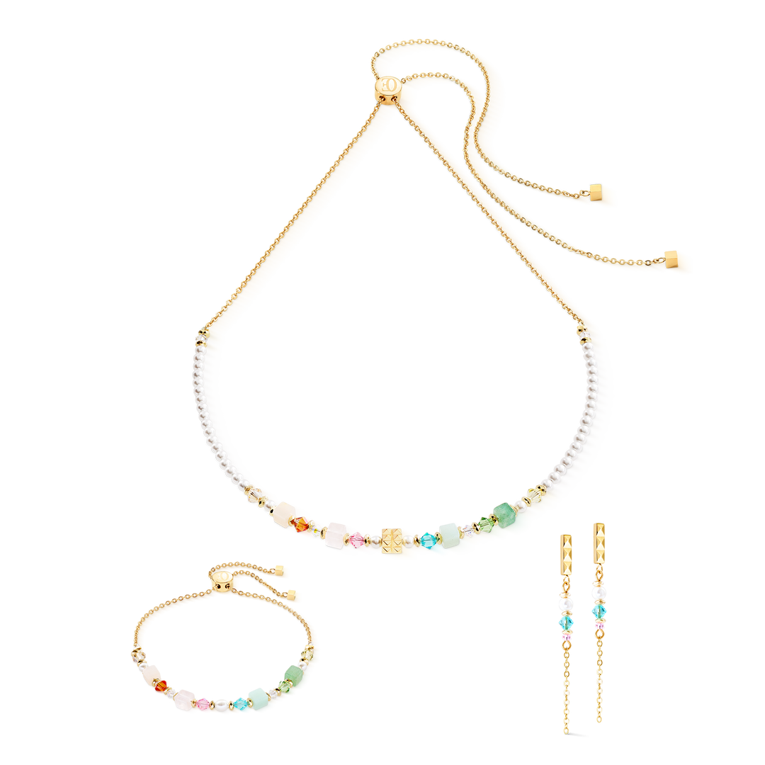 Coeur de Lion's Princess Fusion necklace, bracelet & earrings in multicolour pastels and Swarovski pearls - Carathea & Jools