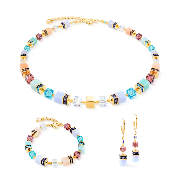 Coeur de Lion GeoCube necklace, bracelet & earrings in soft pastel multicolours - Carathea & Jools