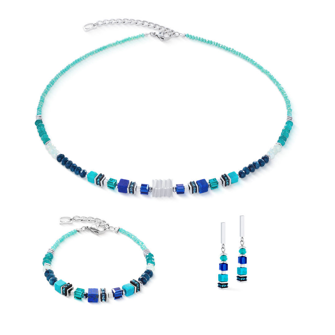 Coeur de Lion cube and bead necklace, bracelet & earrings set in lapis and turquoise - Carathea & Jools