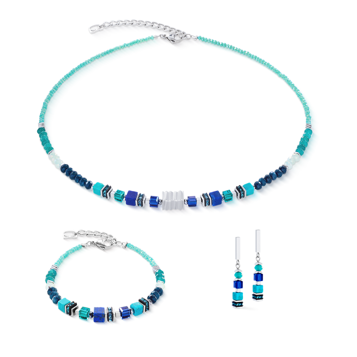Coeur de Lion cube and bead necklace, bracelet & earrings set in lapis and turquoise - Carathea & Jools