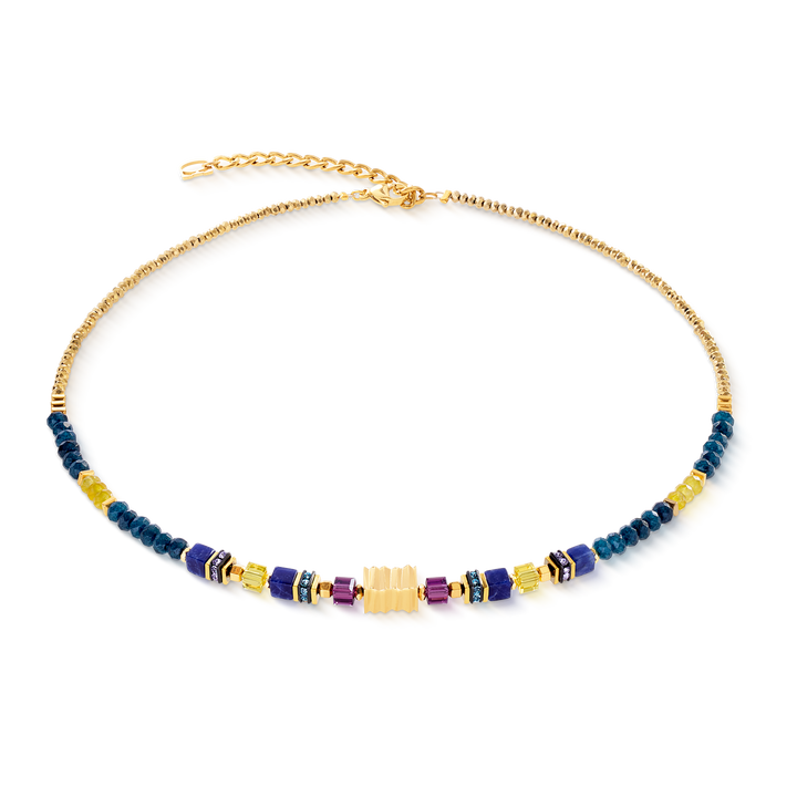Coeur de Lion beaded necklace in gold and blue colours with purple - Carathea & Jools