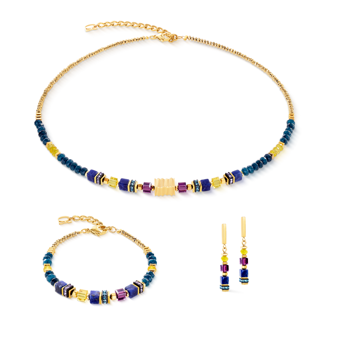 Coeur de Lion beaded necklace, bracelet and earrings in gold and blue colours with purple - Carathea & Jools