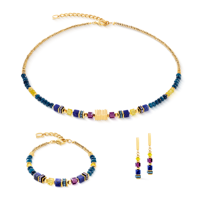 Coeur de Lion beaded necklace, bracelet and earrings in gold and blue colours with purple - Carathea & Jools