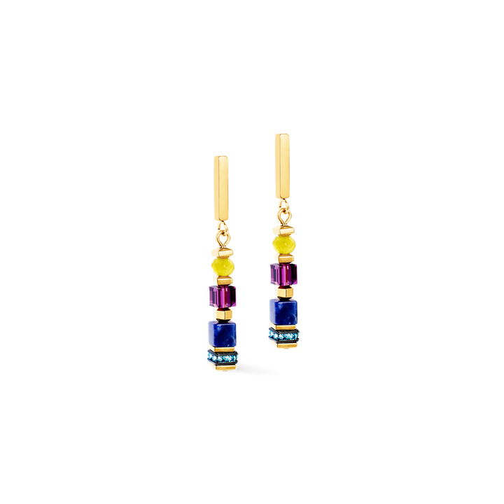 Coeur de Lion beaded earrings in gold and blue colours with purple - Carathea & Jools