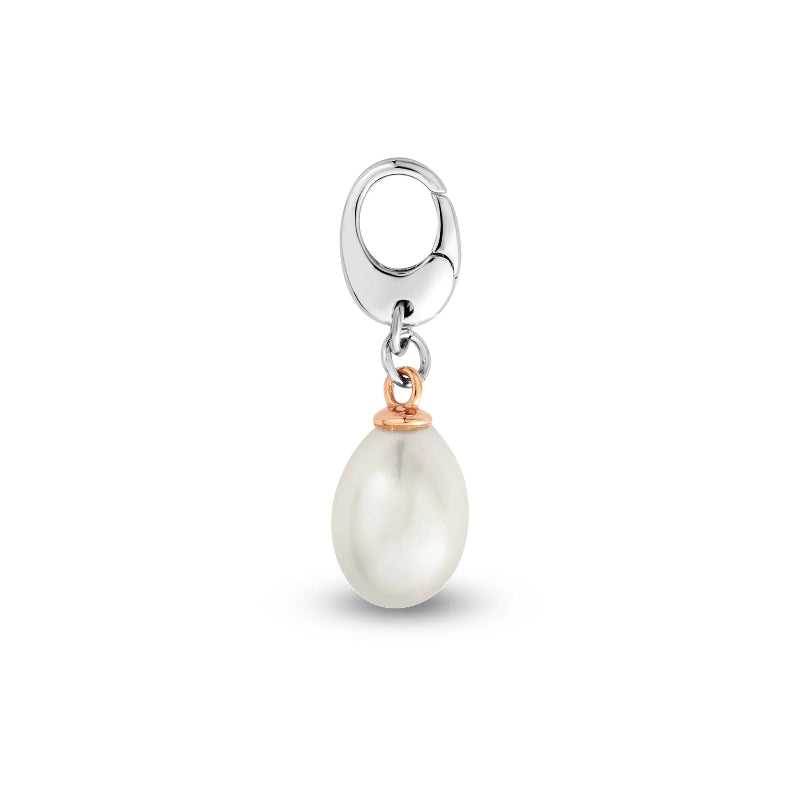 A silver and rose gold charm featuring a teardrop-shaped white pearl pendant, shown on a clean white background.