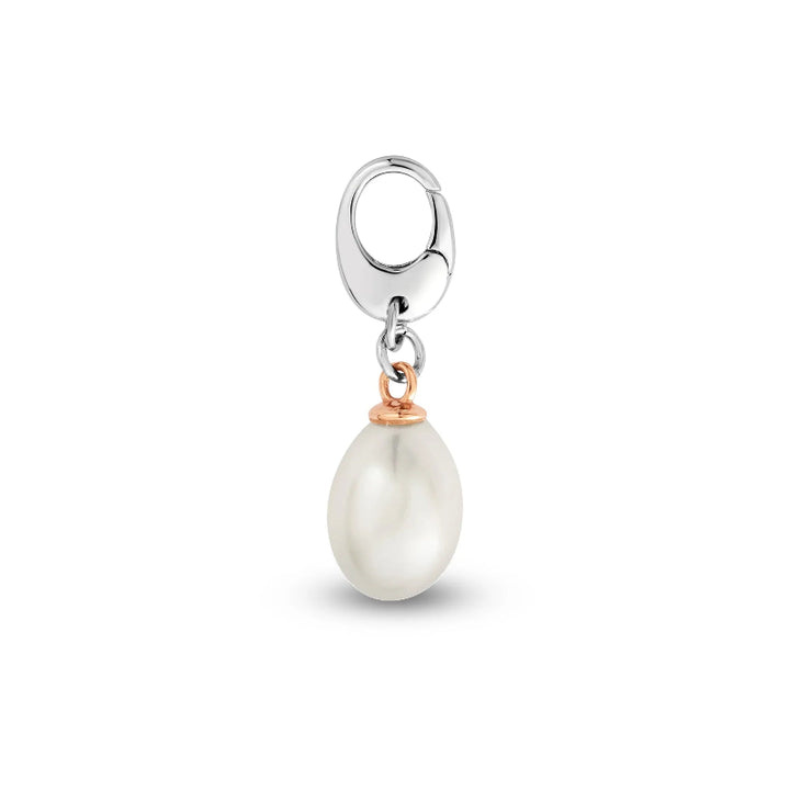 A silver and rose gold charm featuring a teardrop-shaped white pearl pendant, shown on a clean white background.