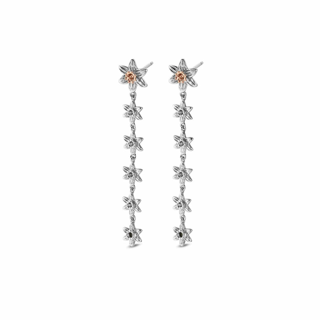 Clogau silver and rose gold daffodil drop earrings - Carathea jewellers