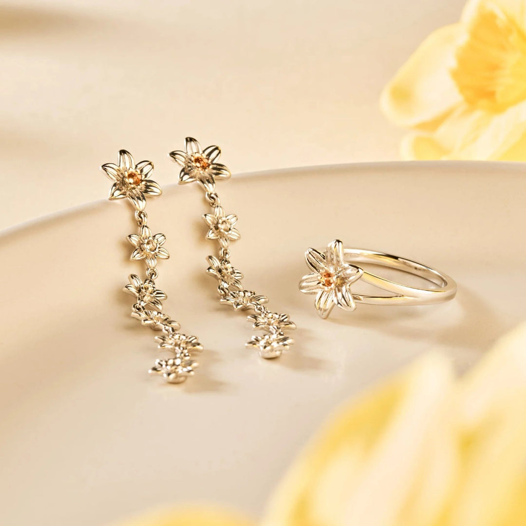 Clogau silver and rose gold daffodil drop earrings and ring - Carathea jewellers