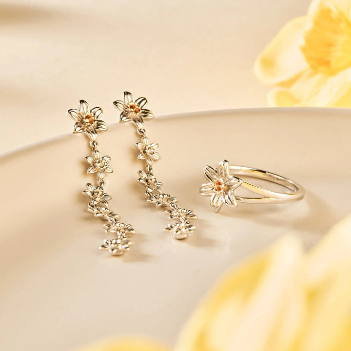Clogau silver and rose gold daffodil drop earrings and ring - Carathea jewellers