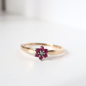 Gold Ring with Ruby and Diamond Flower Cluster