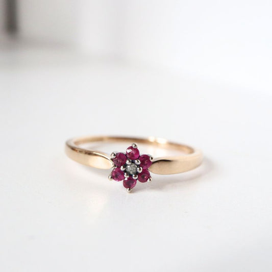 Gold Ring with Ruby and Diamond Flower Cluster