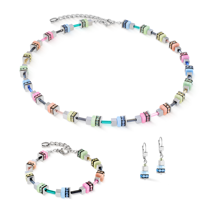 Coeur de Lion Fresh Sorbet Cube necklace, bracelet & earrings set in multicolour pastels - Carathea & Jools