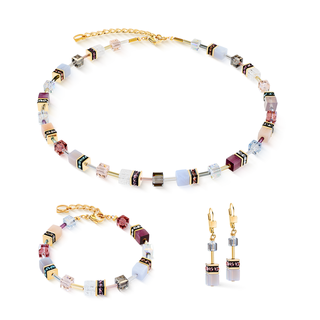 Coeur de Lion GeoCube® necklace, bracelet and earrings in plumbs, and browns - Carathea & Jools