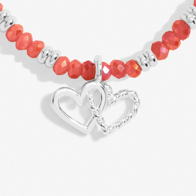 Joma Boho Beads Double Heart Bracelet in Coral and Silver