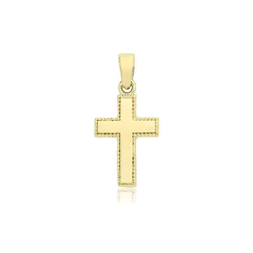 9ct yellow gold cross pendant with milgrain border.