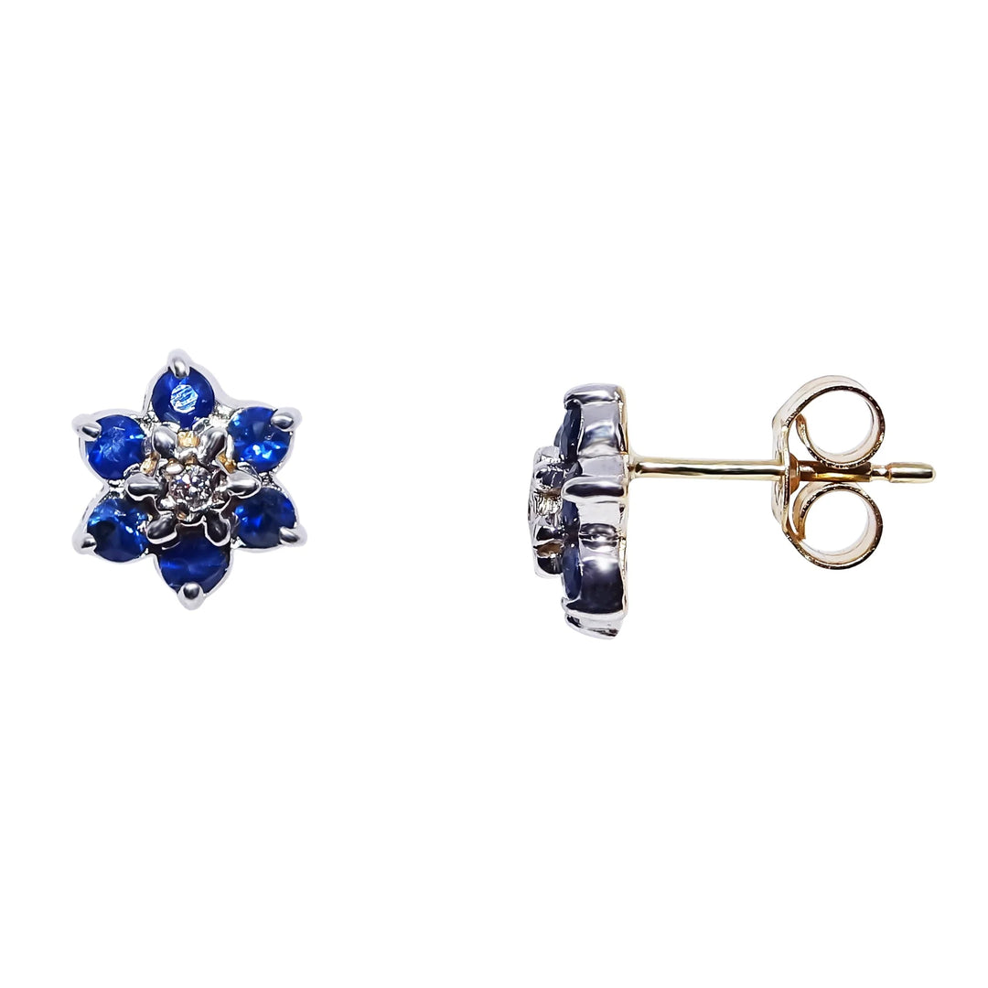 gold flower cluster earrings with diamond and sapphires - Carathea jewellers