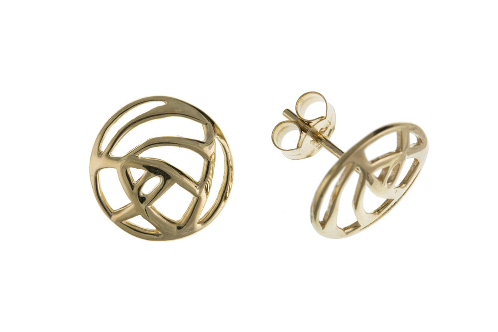 Gold stud earrings with an Art Nouveau-inspired circular design.