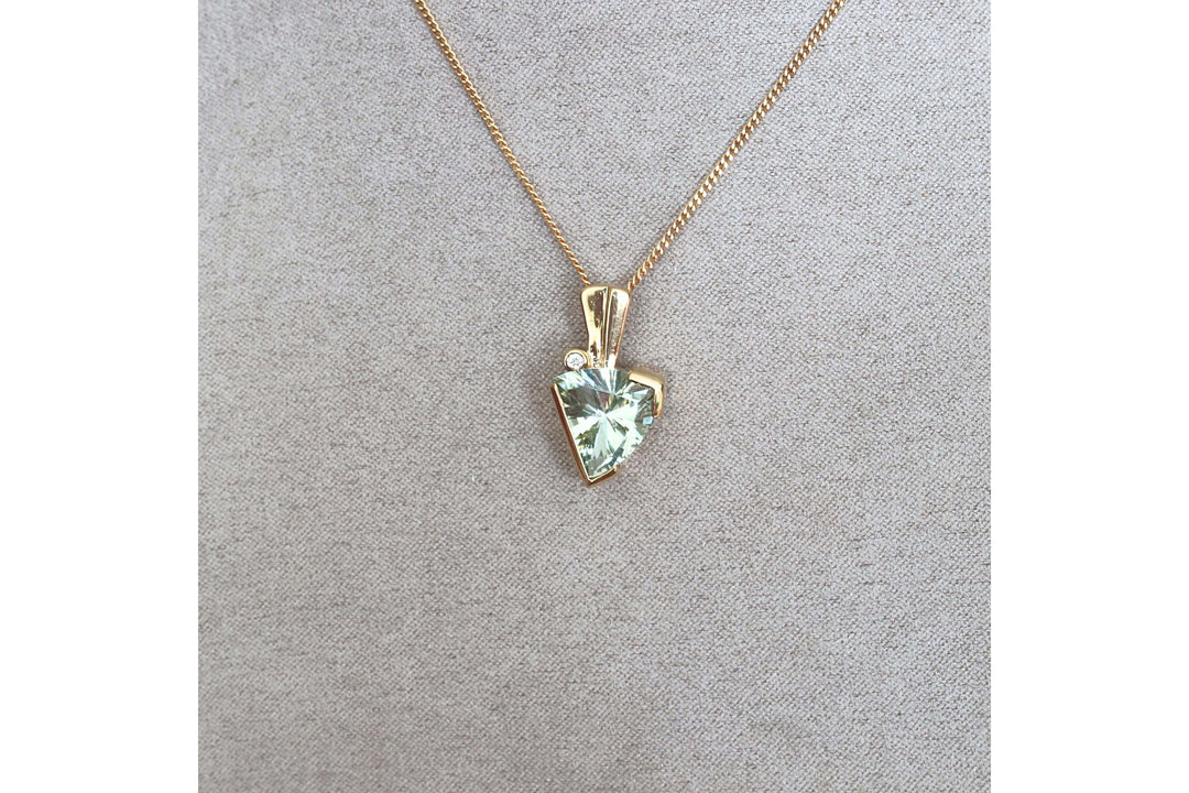 9ct Gold Green Amethyst and Offset Diamond Pendant