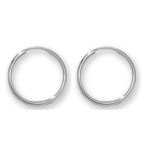 These white gold sleeper earrings are polished, continuous hoop earrings with a tube fitting closure, suitable for everyday wear by anyone.