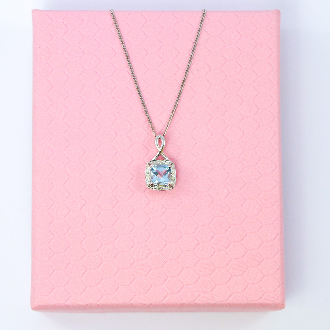 9ct White Gold Aquamarine & Diamond Pendant with Twisted Bale