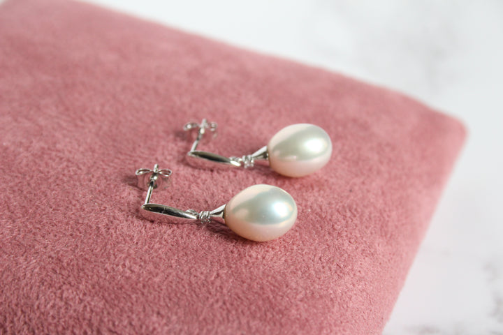 White Gold Diamond and Pearl Drop Earrings