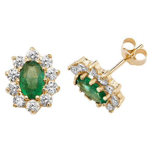 9ct Yellow Gold Oval Emerald & CZ Cluster Stud Earring