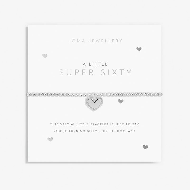 A silver plated beaded bracelet "super sixty" on white card