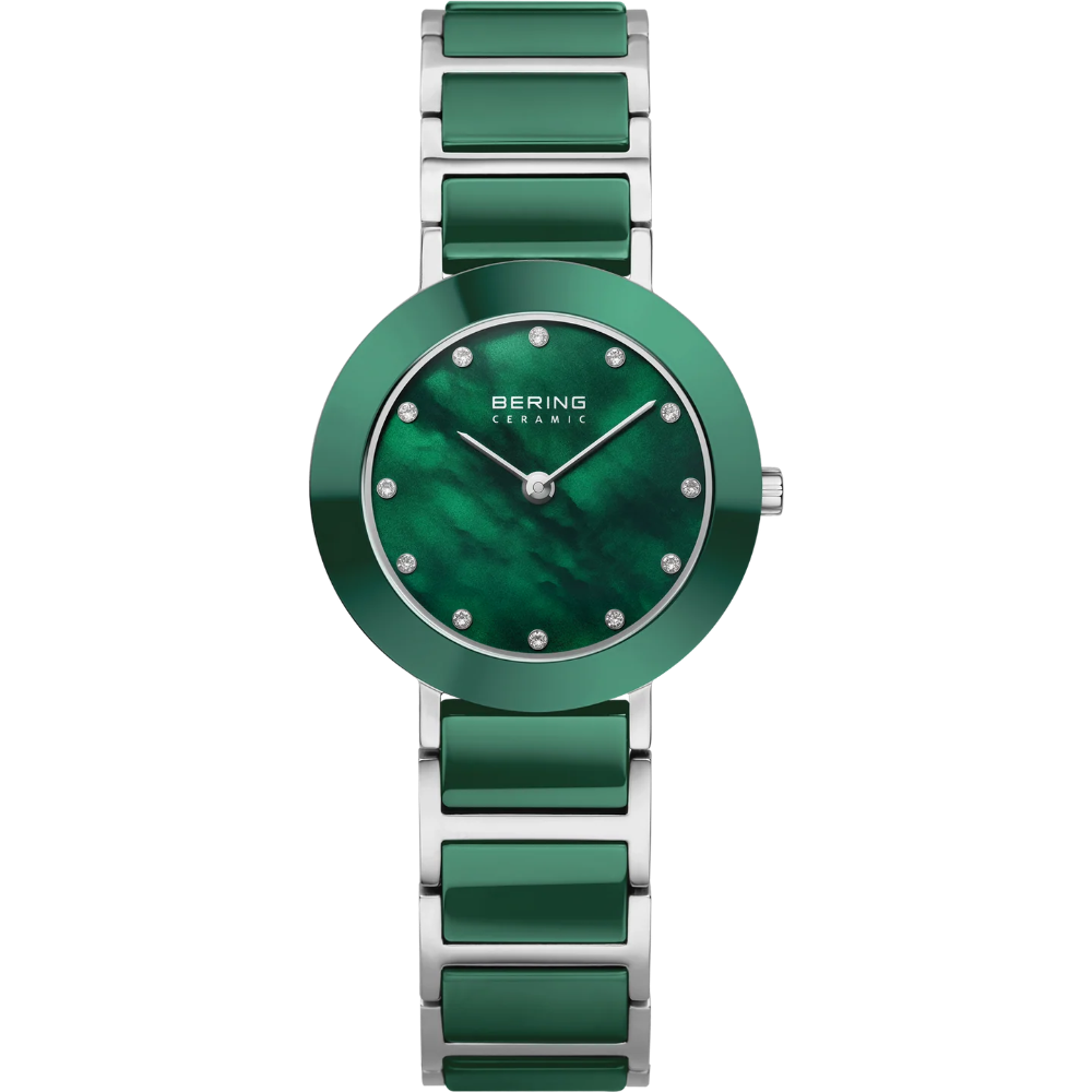 Bering Ceramic women's watch with a green mother-of-pearl dial, crystal hour markers and a green ceramic and steel bracelet.