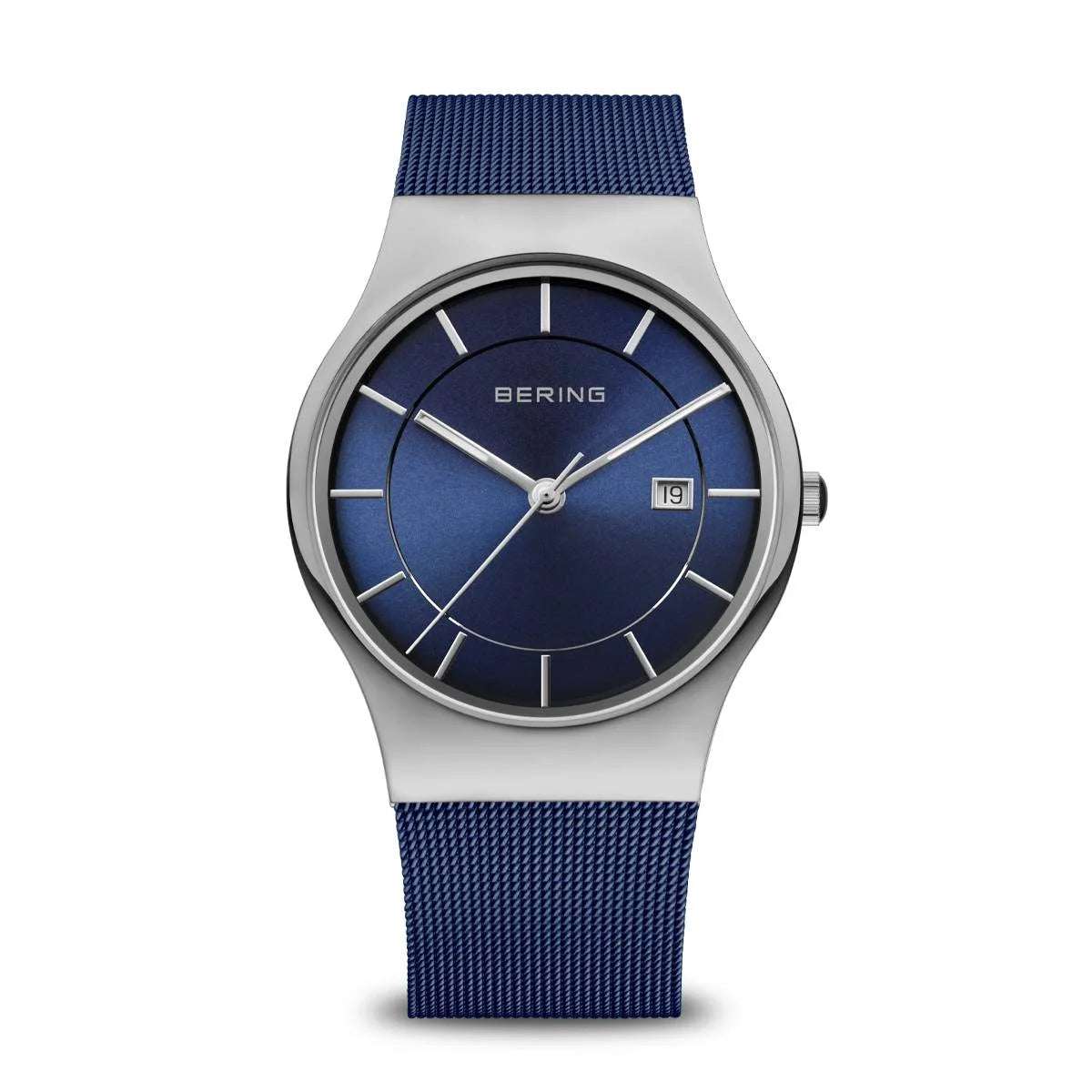 Bering mens watch with blue dial and strap and silver case - Carathea jewellers
