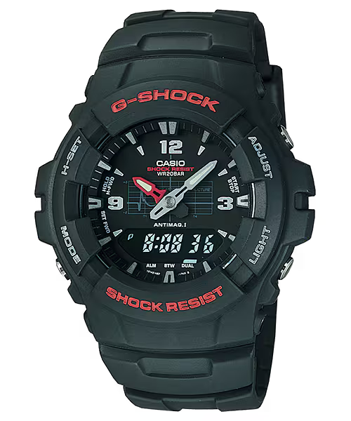 Black and red G-Shock analogue-digital watch.