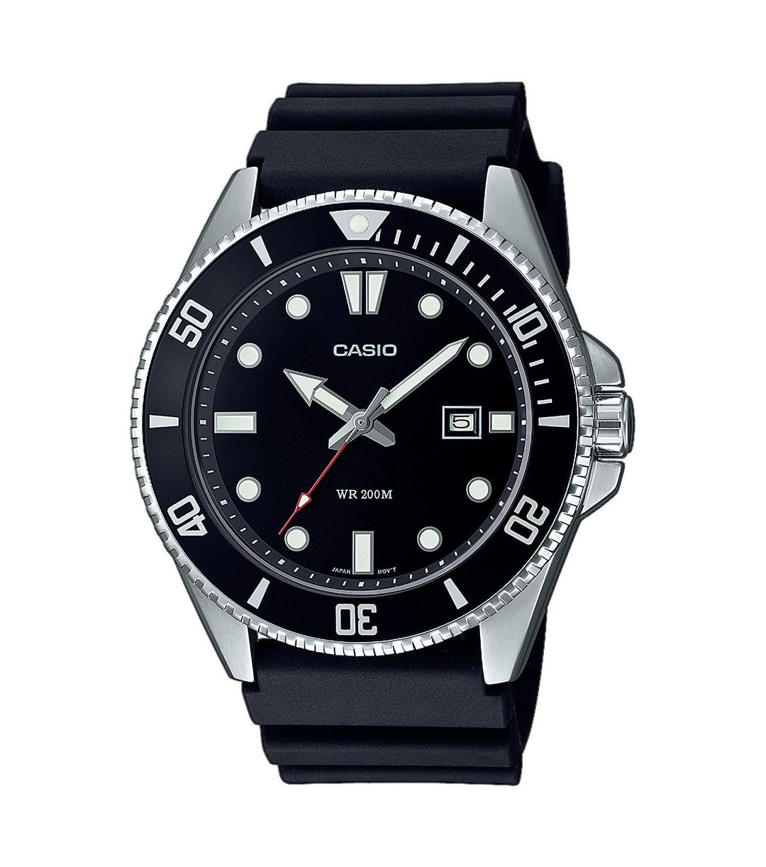 Men's black diver's watch with luminous hands and resin strap.