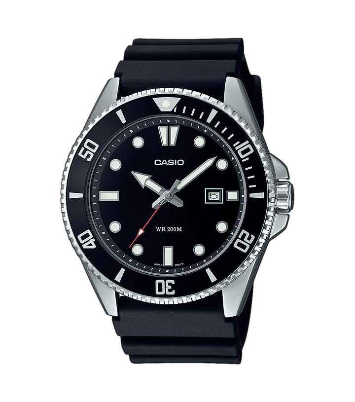 Men's black diver's watch with luminous hands and resin strap.