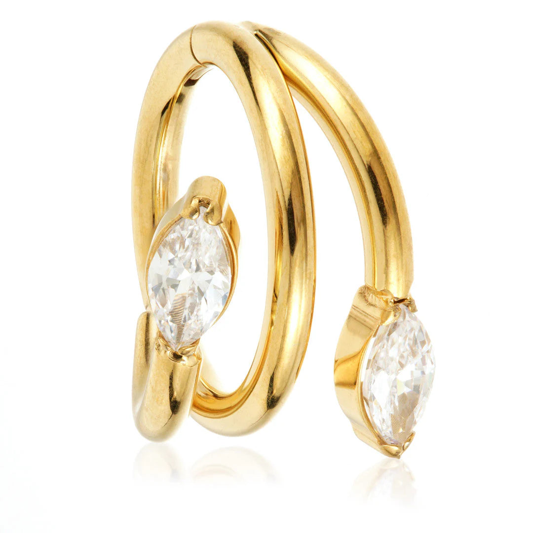 Gold-colored hinged cartilage ring with clear gemstones.