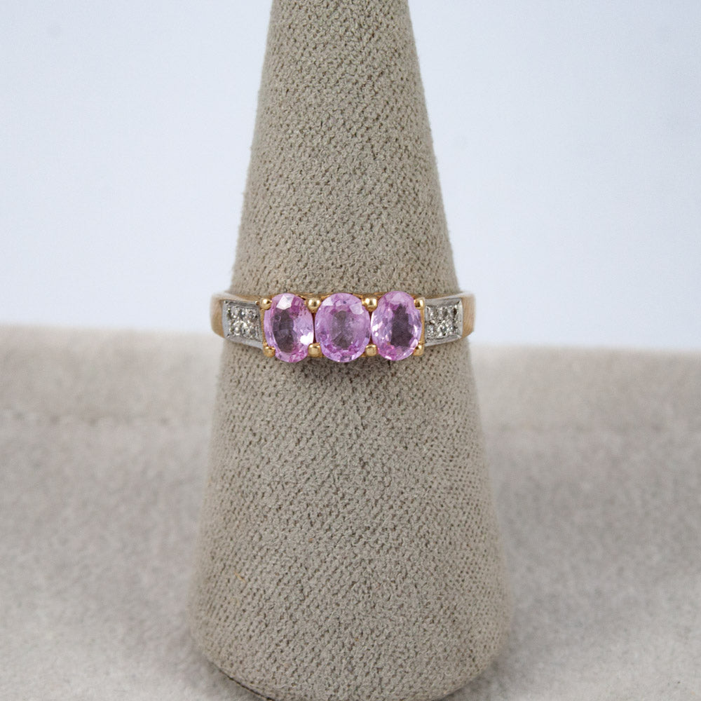 White Gold Pink Sapphire Trilogy Ring with Diamonds