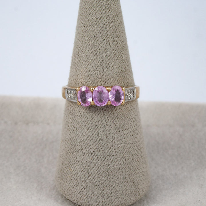 White Gold Pink Sapphire Trilogy Ring with Diamonds