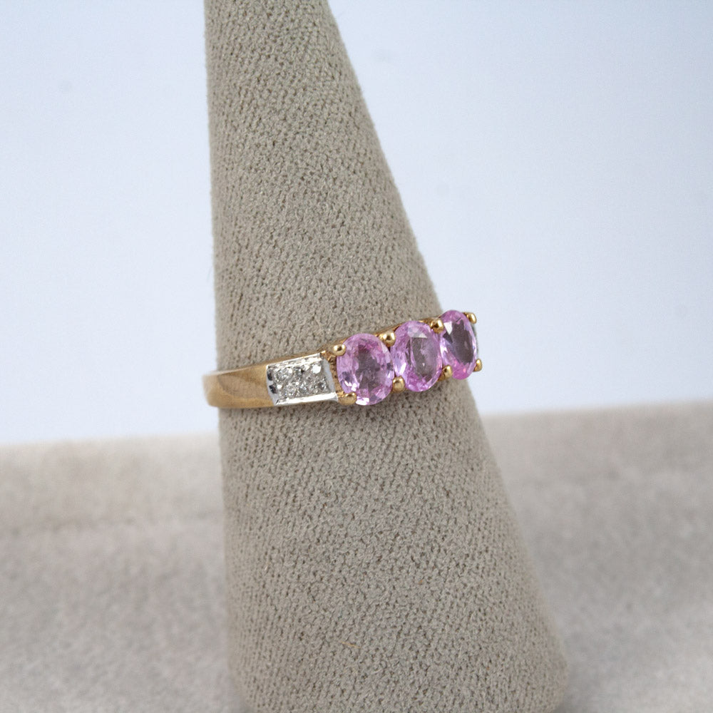 White Gold Pink Sapphire Trilogy Ring with Diamonds