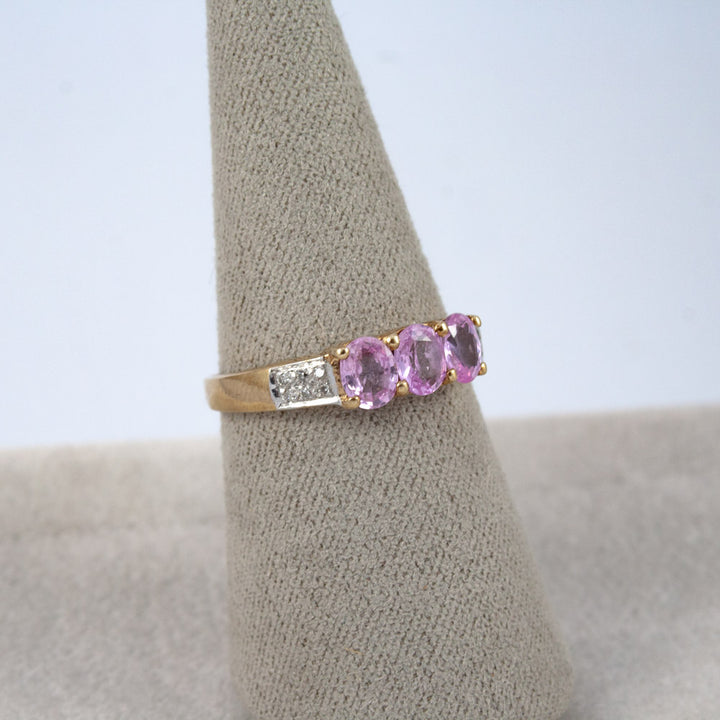 White Gold Pink Sapphire Trilogy Ring with Diamonds